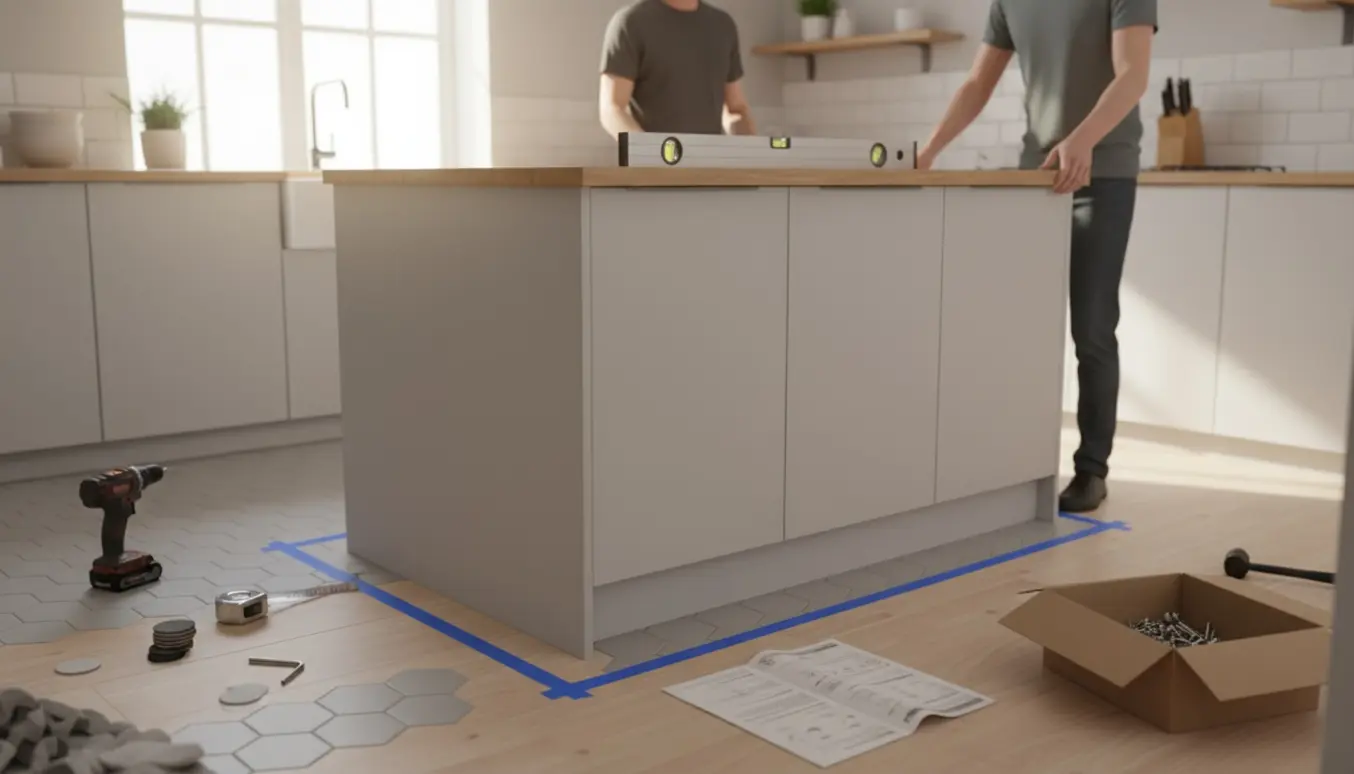 En samlet køkkenø i færd med at blive sat på plads i et lyst, moderne køkken, markeret med malertape på gulvet.