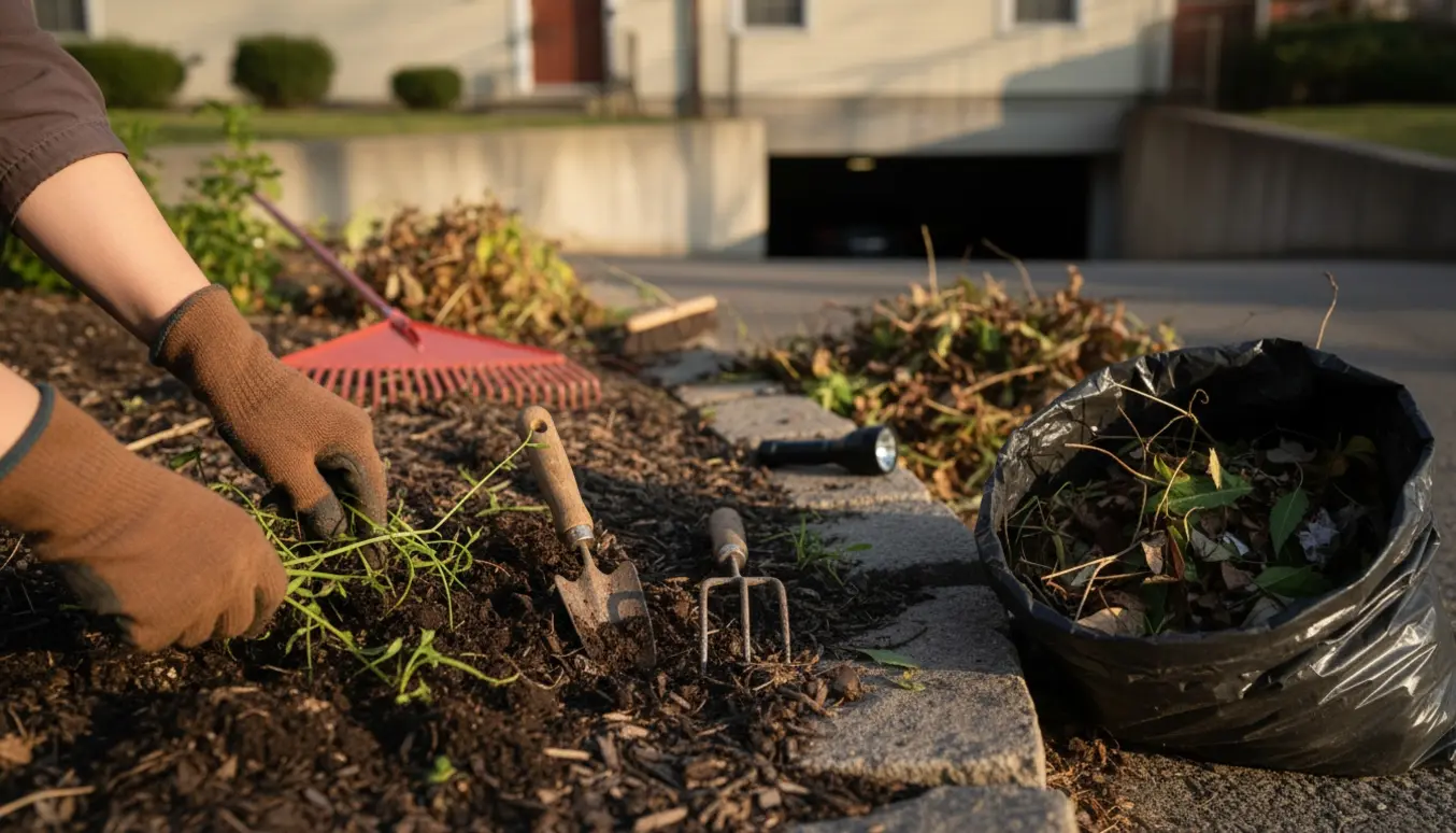 Nærbillede af handsker, ukrudt og sække med affald ved en boligbygning med parkeringskælderrampe i baggrunden.