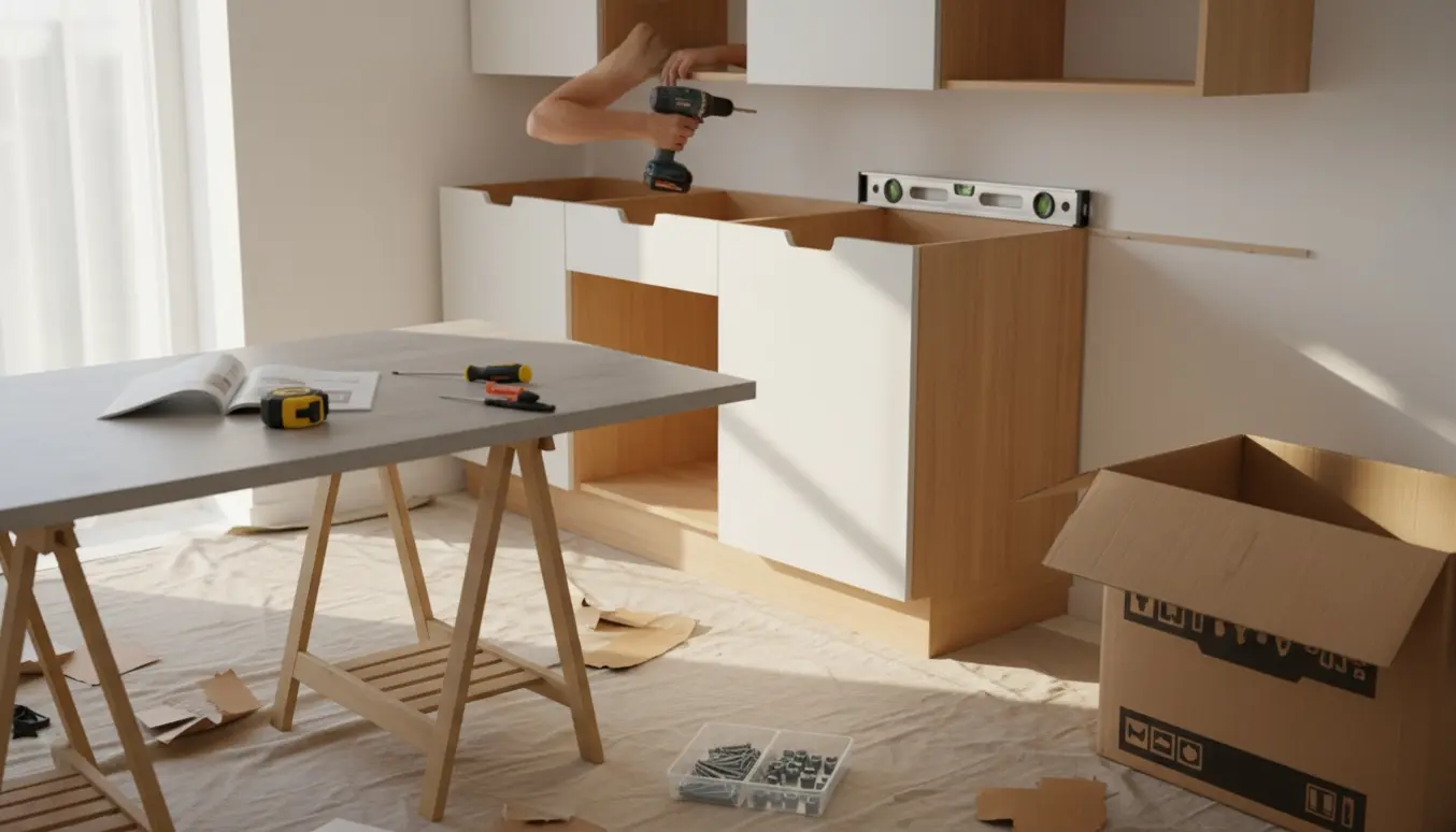 Fladpakket skandinavisk køkken under montering med håndværkerhænder og værktøj i et lyst køkken.