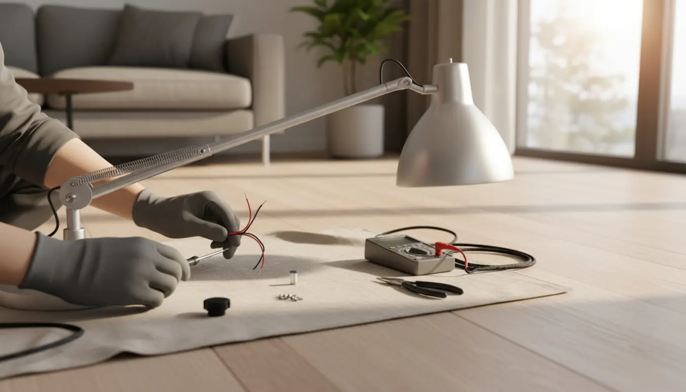 Tæt foto af Artemide Tolomeo-gulvlampe, hvor handske‑klædte hænder reparerer en løs lysdæmper ved siden af værktøj.