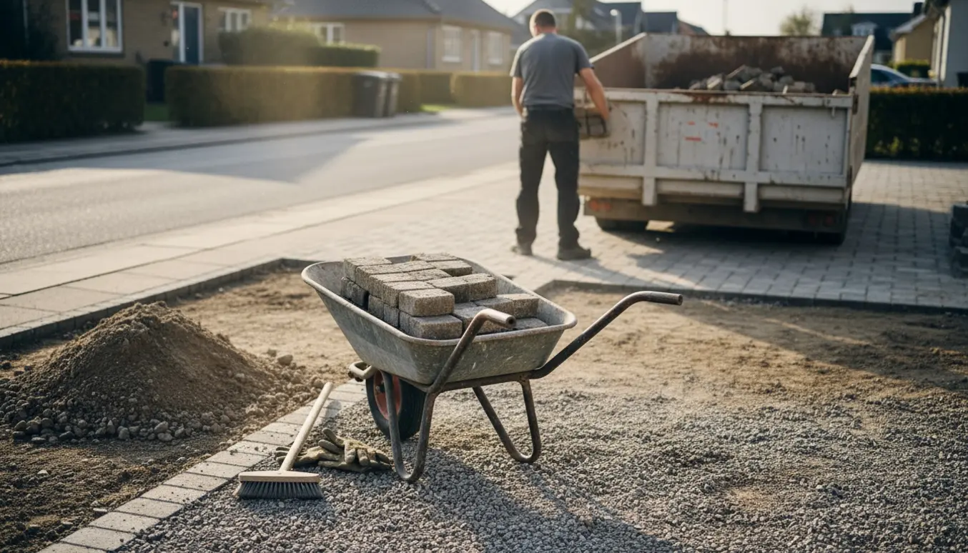 Trillebør fyldt med herregårdssten ved en indkørsel under renovering, en arbejder læsser sten i en container.