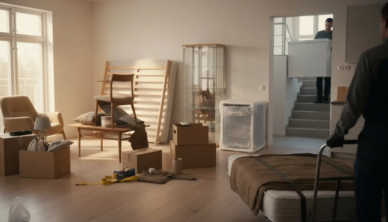 Lejlighed under fraflytning med seng, vitrineskab, opvaskemaskine, fryser og flyttekasser samlet ved døren.