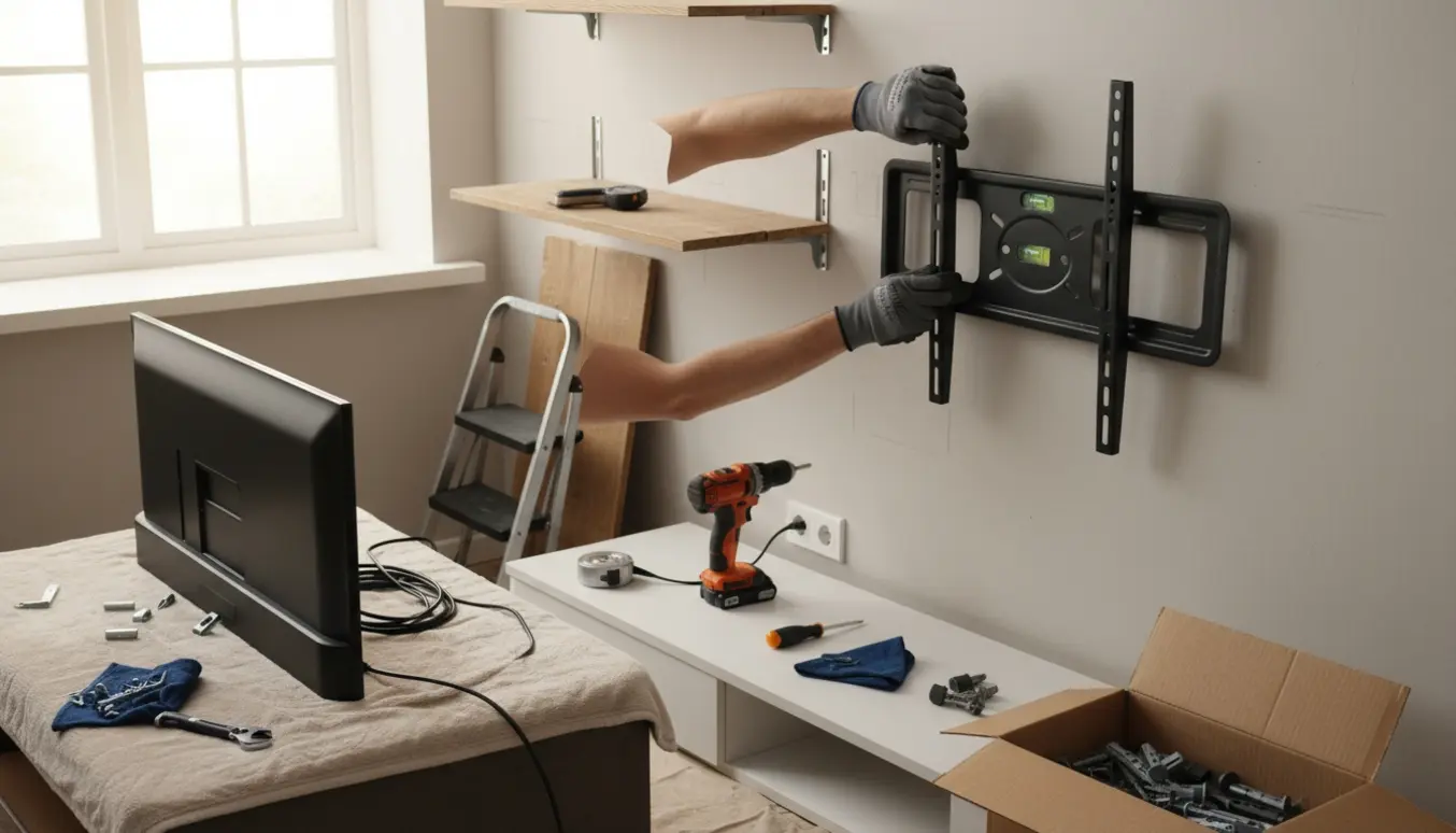 Hænder fjerner en væghylde og forbereder ophængning af et 50 tommer TV på en neutral væg.