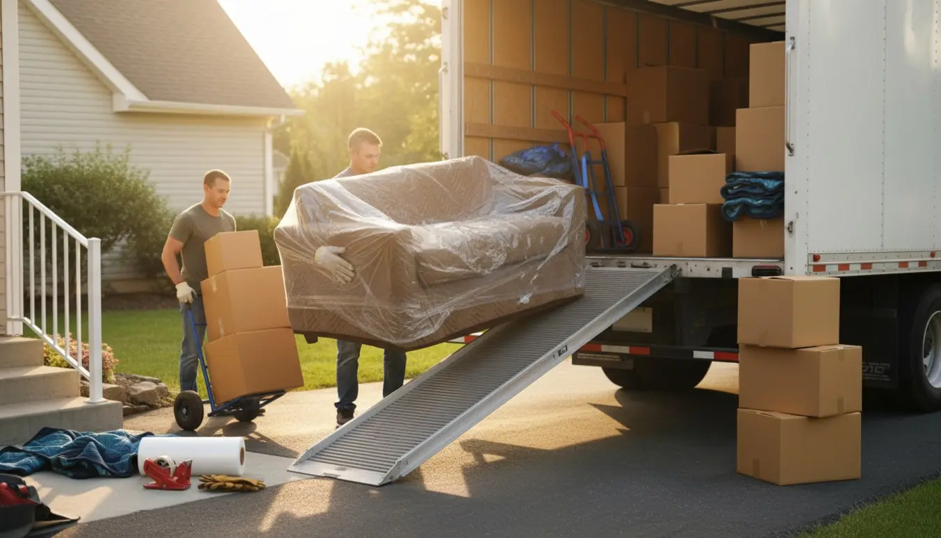 To personer bærer møbler og kasser op ad rampen til en åben flyttebil foran et parcelhus i varmt eftermiddagslys.