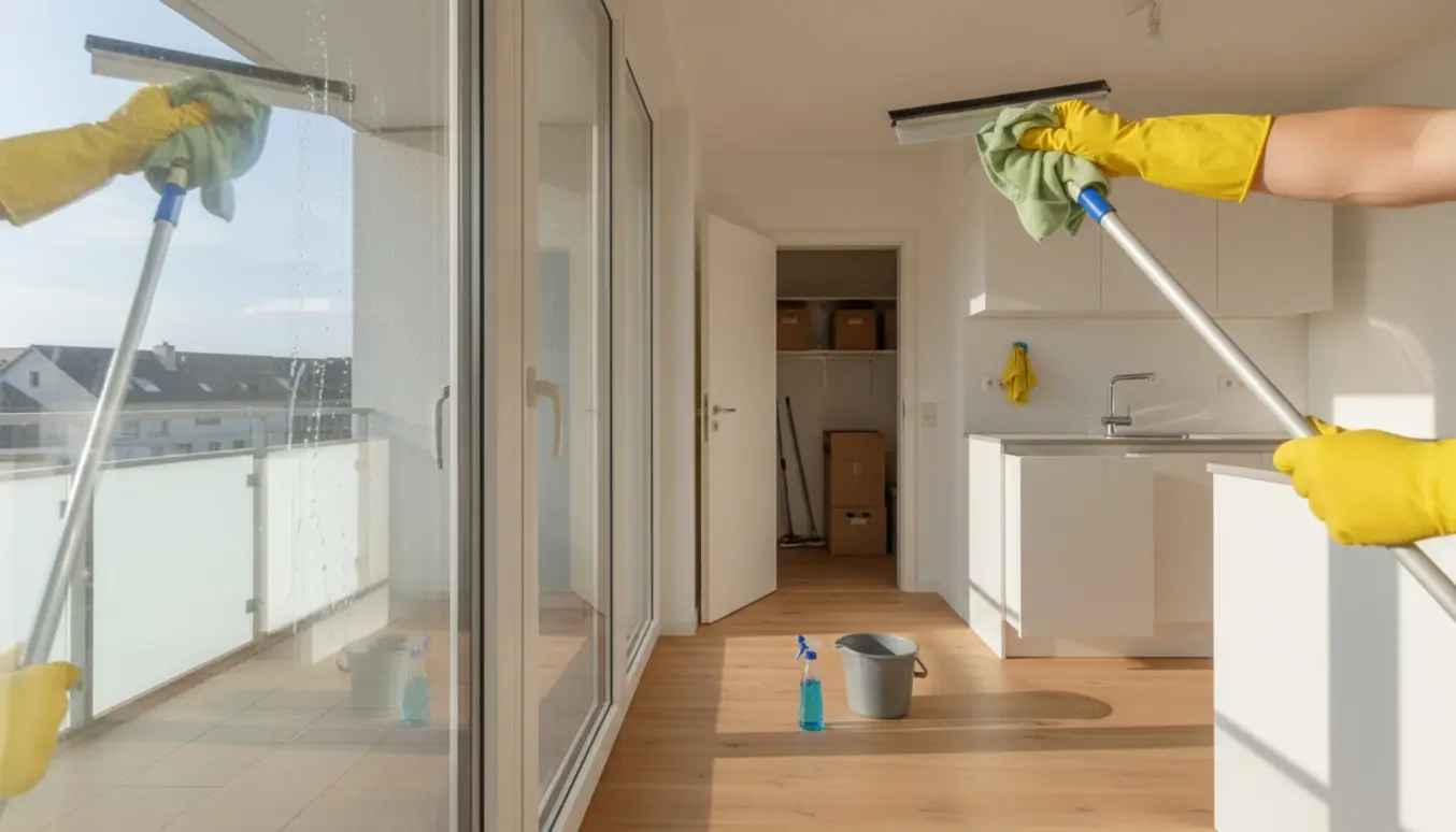 Hænder i gummihandsker polerer nymalede vinduer og aftørrer køkken- og badeværelsesskabe i en lys lejlighed.