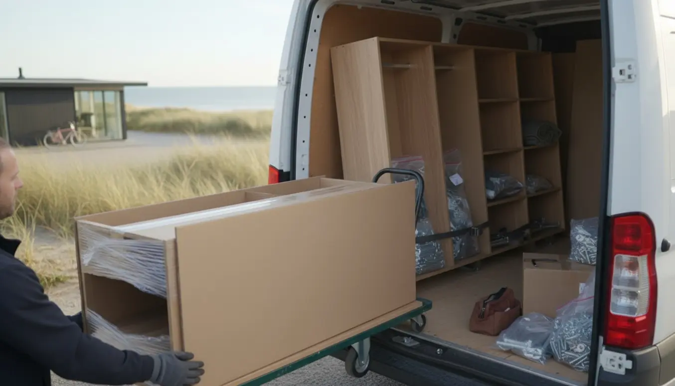 Fladtpakket garderobeskab læsses ind i en varevogn foran et hus nær stranden.