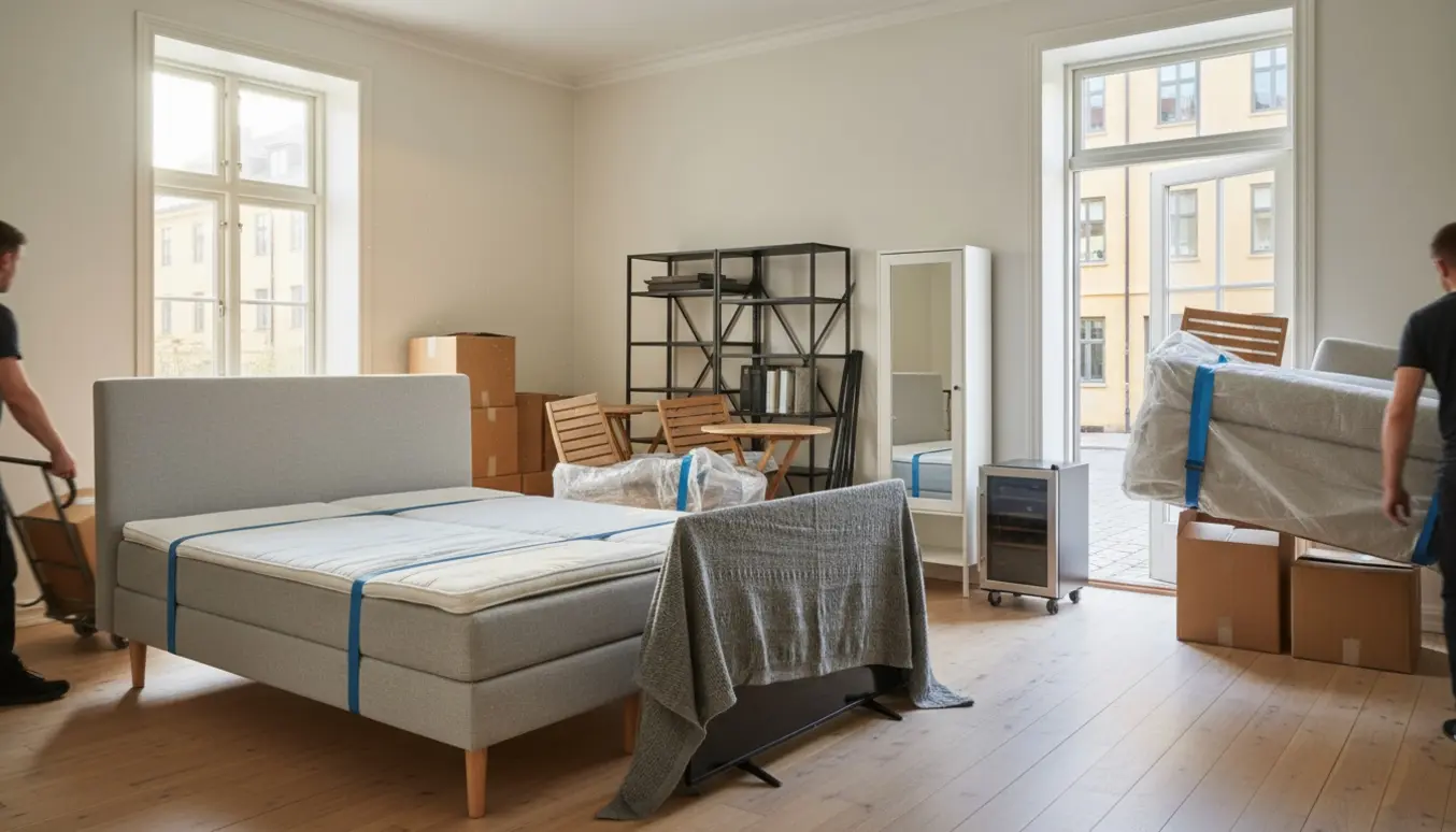 Solbelyst stue under flytning med madrasser, sofasektioner, reol, vinkøleskab og flyttekasser.