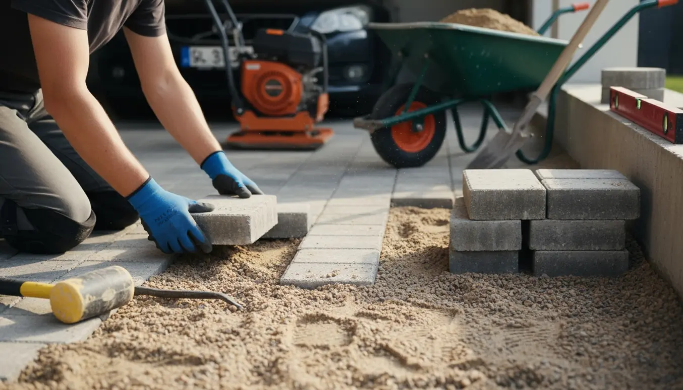 Nærbillede af omlægning af sænkede fliser i en carport med værktøj og pladevibrator i baggrunden.