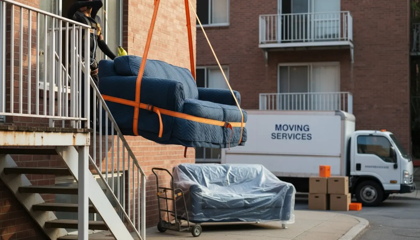 To sofaer bliver forsigtigt fjernet fra en 3. sal med straps og flytteudstyr, mens de er pakket ind i beskyttende tæpper.