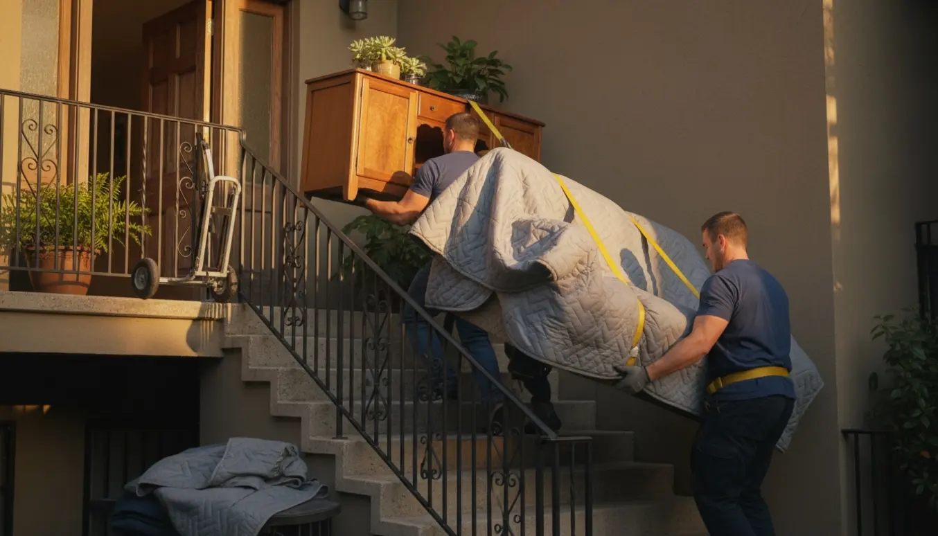 Flyttemænd bærer en sofa og en stor skænk op ad trappen til en lejlighed på anden sal.