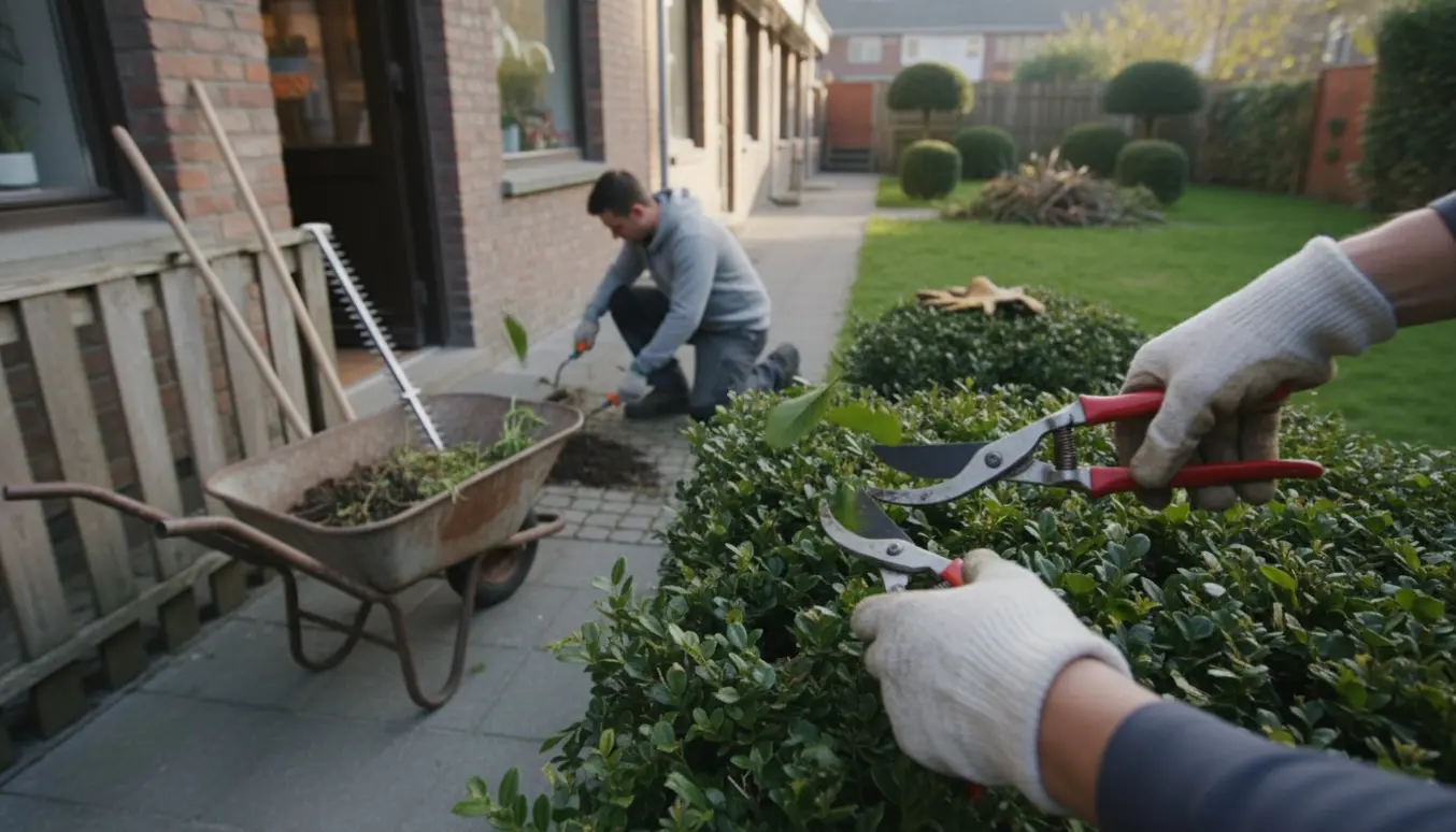 Hænder i handsker klipper hæk og fjerner ukrudt foran en lille butik.