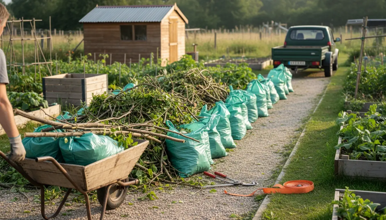 Stor bunke grene og cirka fjorten fyldte sække ved en kolonihave med trillebør og trailer i baggrunden.