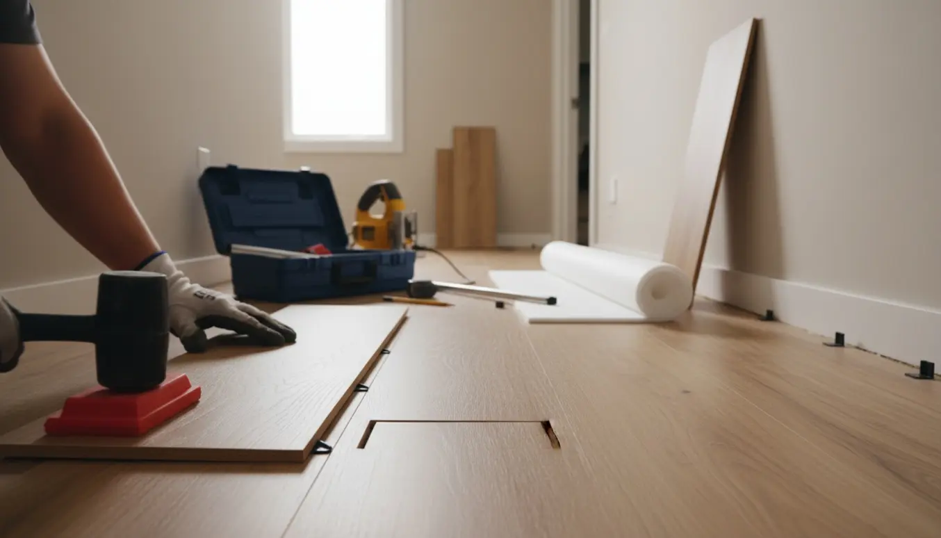 Delvist monteret klikgulv i en lille gang og værelse med værktøj og hænder, der klikker planker på plads.