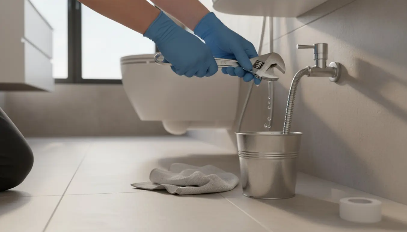 Hænder i handsker fjerner en vandtilslutning ved en vægventil ved et fjernet bidet med skruenøgle og spand i et lyst badeværelse.