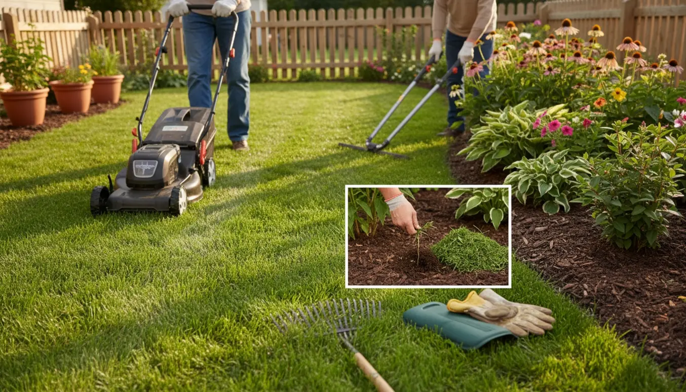 Hænder klipper kanter, fjerner ukrudt og undersøger nyklippet græs i en have i varmt eftermiddagslys.