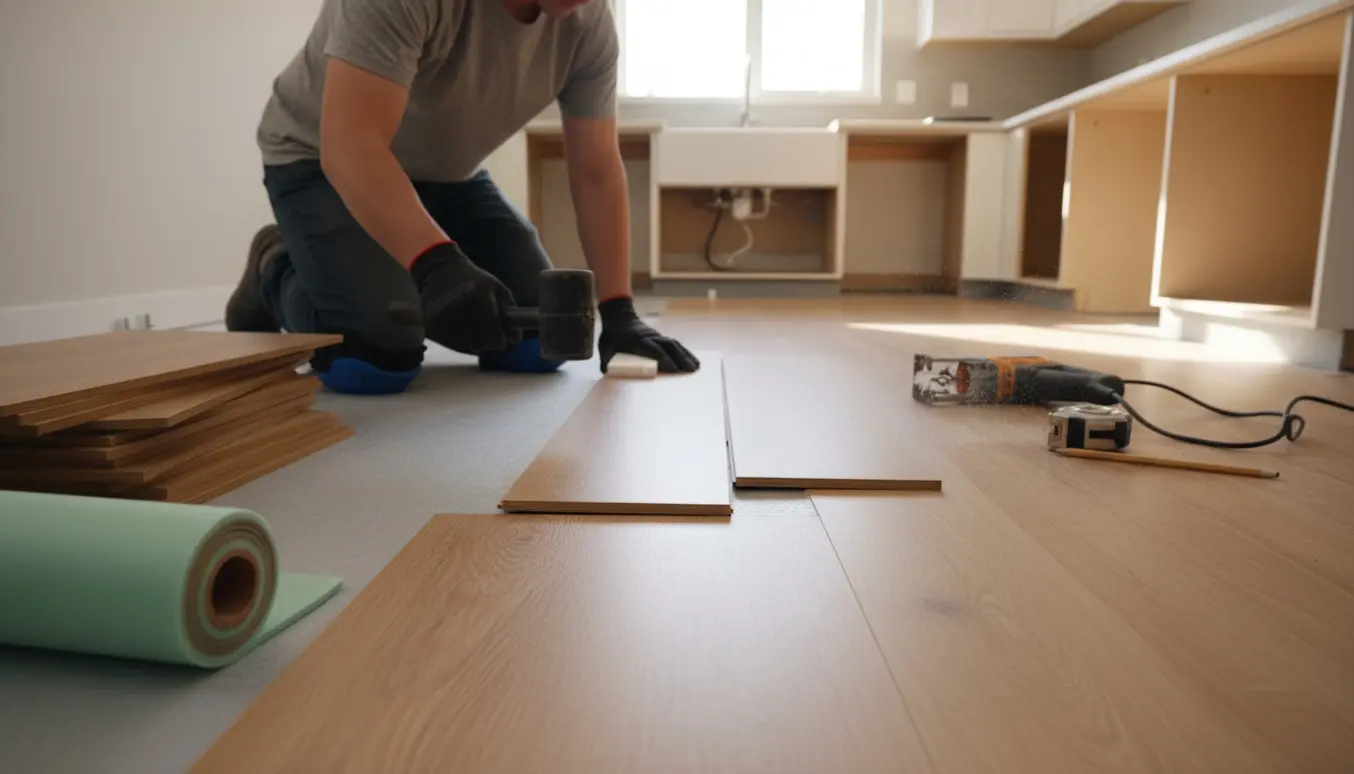 Nærbillede af genlægning af cirka 10 kvm lamelparket clickgulv i køkkenalrum, hænder klikker plankerne på plads.