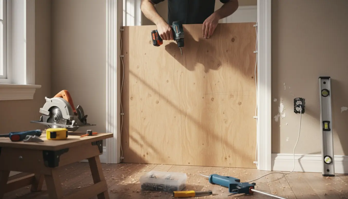 Håndværker monterer krydsfiner for at blænde en dør og sikrer en ledning langs dørkarmen.