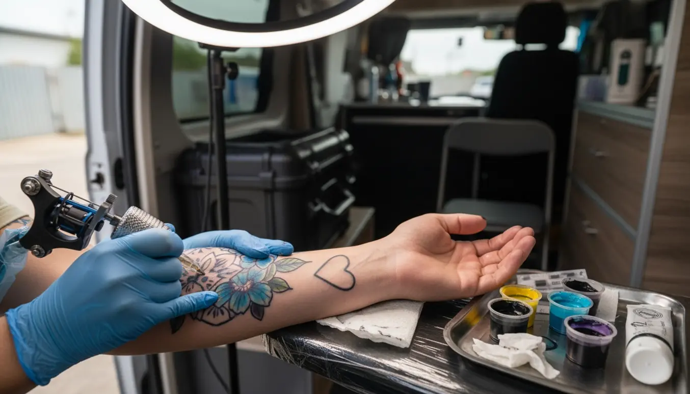 En mobil tatovør dækker et ar og en hjemmelavet tatovering på en klients underarm i en ryddelig, bærbar opsætning.