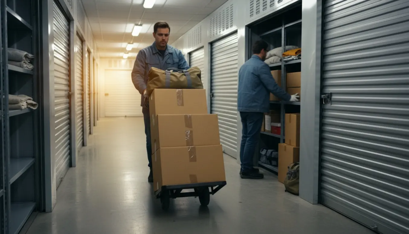 Ca. 15–20 flyttekasser og tasker flyttes mellem to kælderrum med en trillebør.