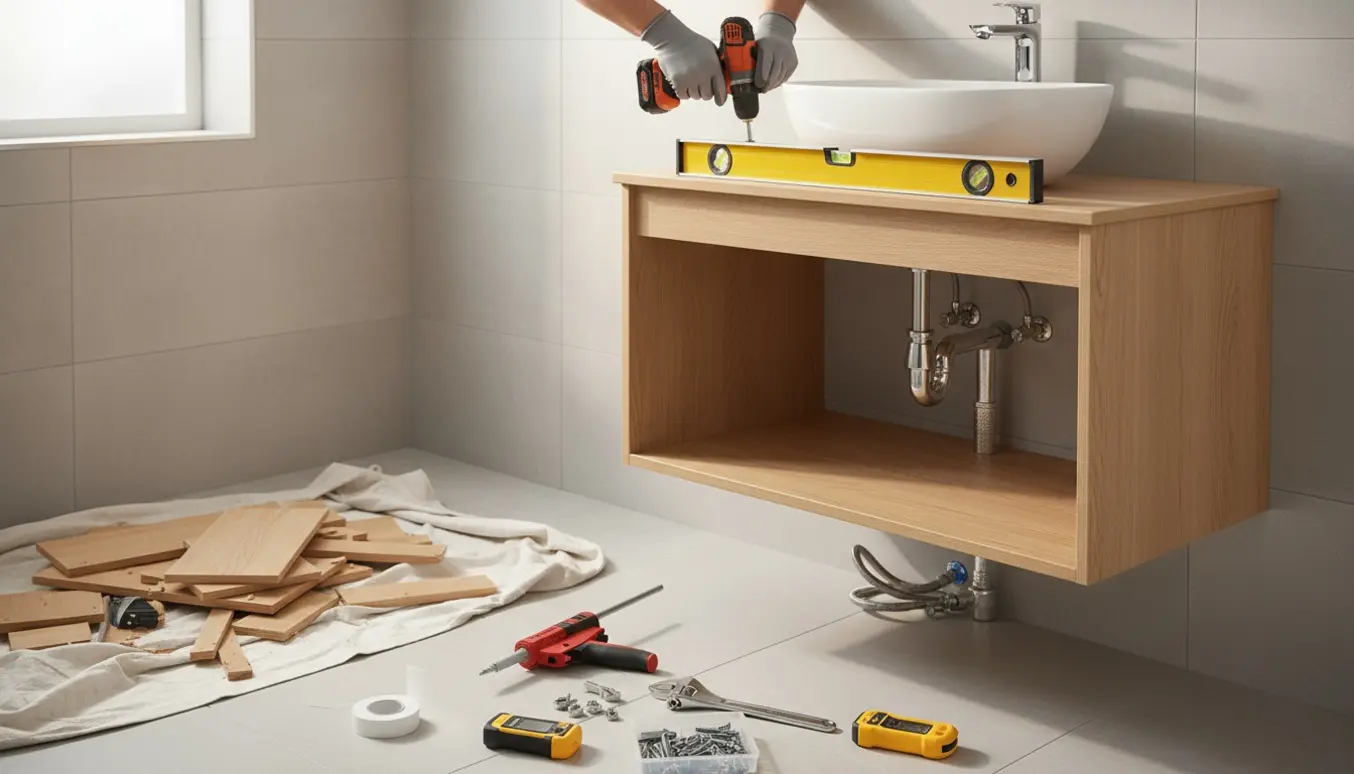 Installatør monterer nyt væghængt badeværelsesmøbel i lyst flisebadeværelse med værktøj lagt frem.
