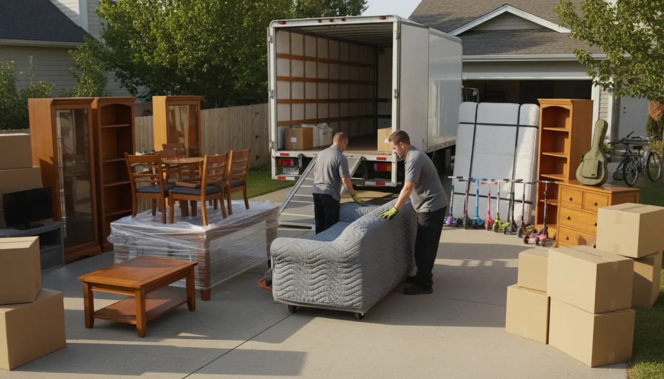 Flyttemænd læsser beskyttede møbler, instrumenter og kasser i en åben flyttevogn foran et hus.
