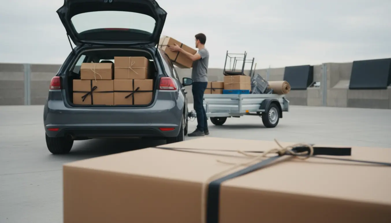 Bagagerum på en bil og en trailer fyldt med sammenklappet pap og forskellige genbrugsting ved en genbrugsplads.