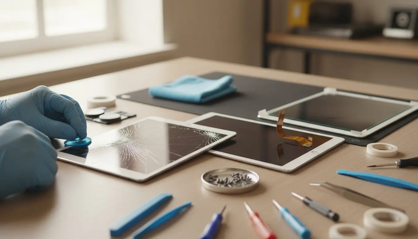 Nærbillede af en iPad med knust skærm på et reparationsbord med reserveskærm, værktøj og beskyttelsesglas klar til montering.