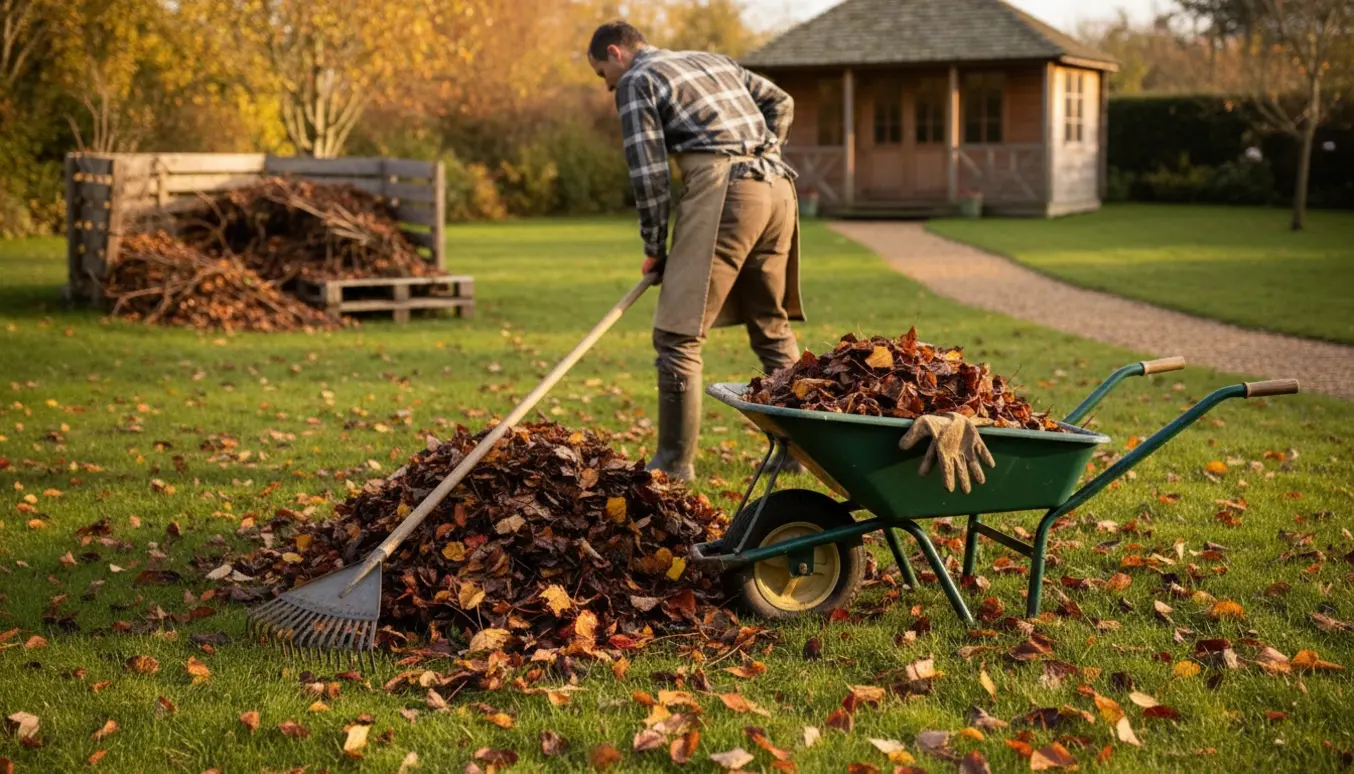 Person fejer blade i en solbeskinnet sommerhushave og læsser dem i kompostbunken i hjørnet.