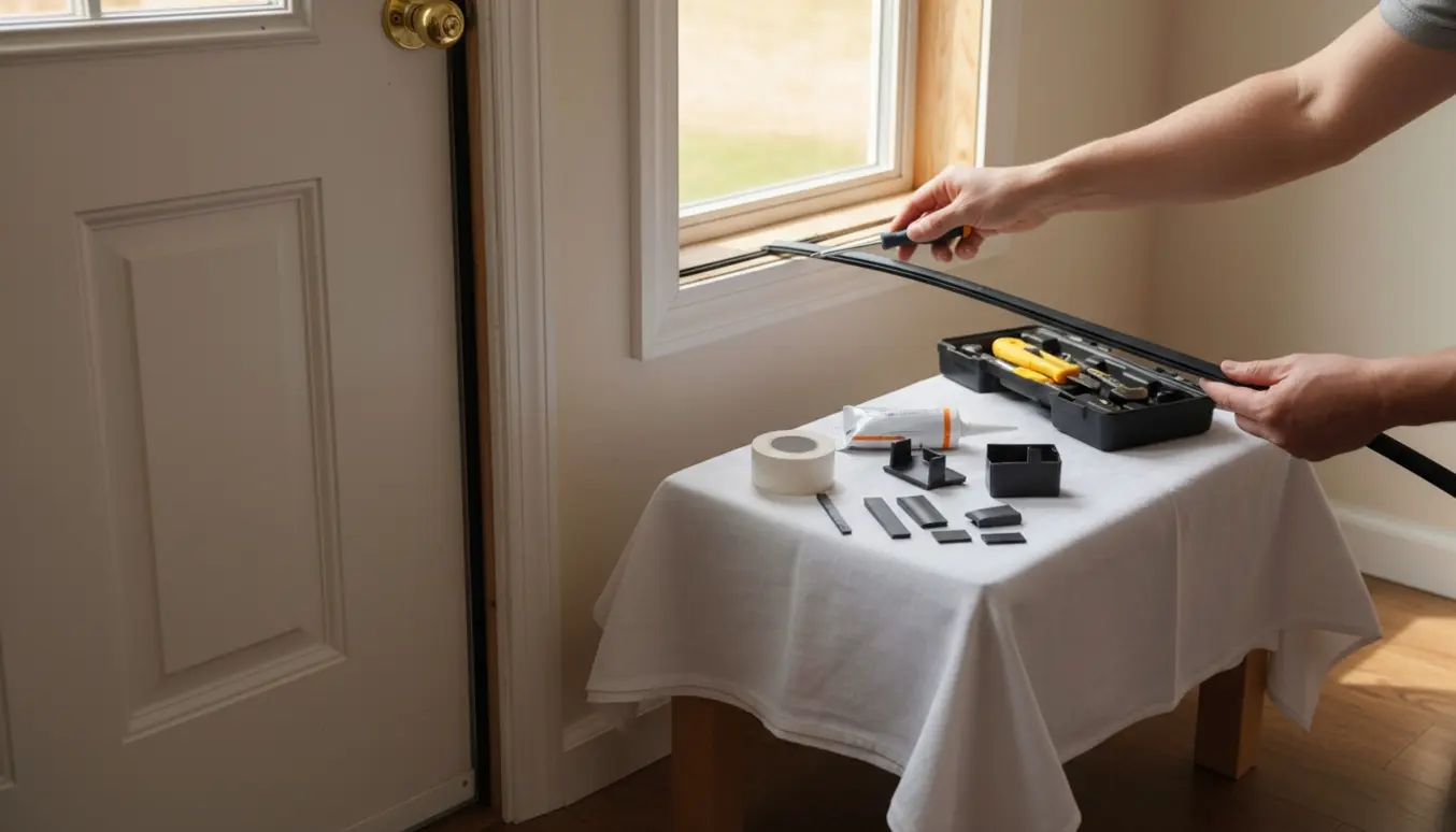 Hænder inspicerer og udskifter tætningslister på en dør og et lille vindue i et lyst hjem.