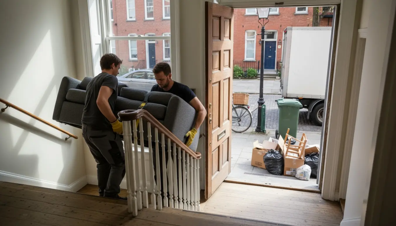 To personer bærer en sovesofa i to dele ned ad en trappe mod åben dør og blandet affald klar til bortskaffelse på fortovet.