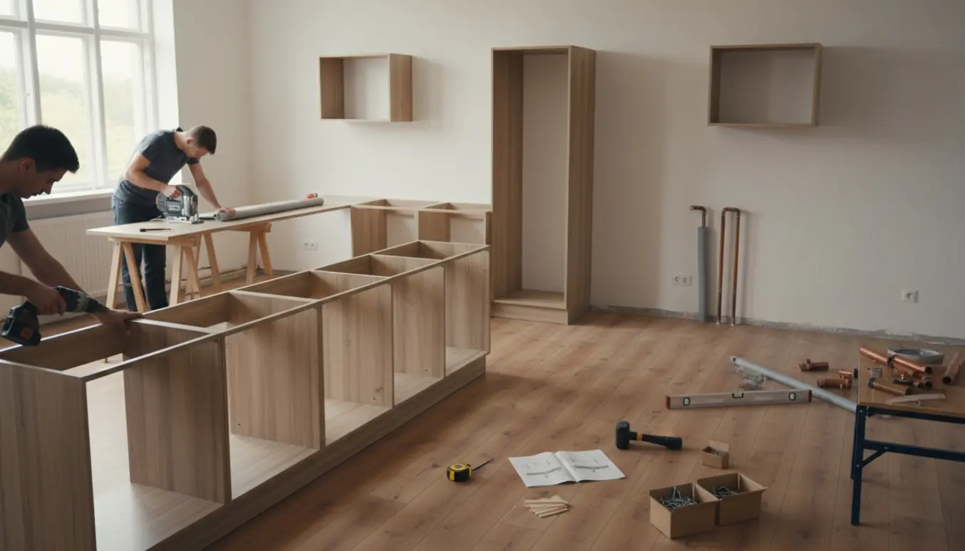 Delvist monteret køkken på trægulv med skabe, værktøj og isolerede rør.