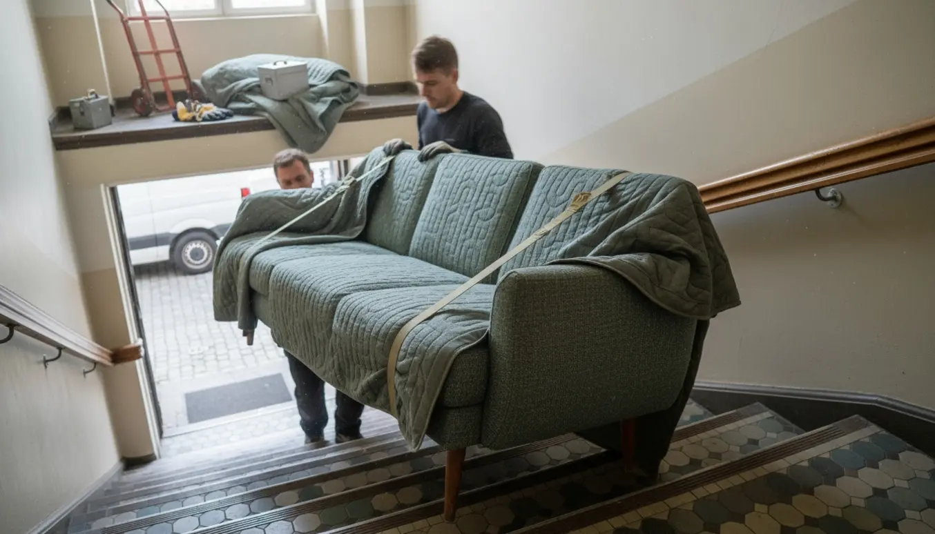 To flyttemænd bærer en polstret sofa ned ad en klassisk københavnsk trappeopgang omgivet af flyttetæpper.