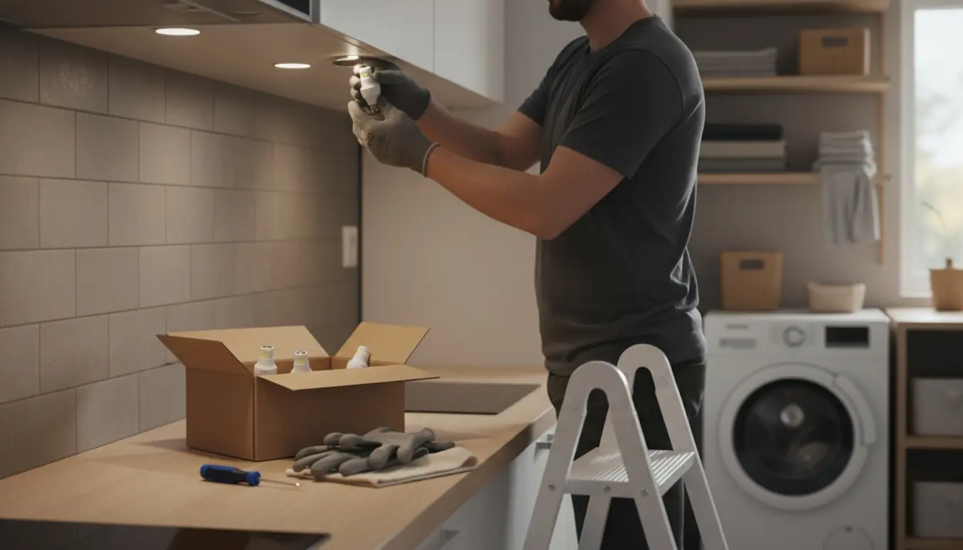 Hænder skifter en indbygningsspotpære på en stige i et moderne køkken med en åben kasse fyldt med nye pærer.