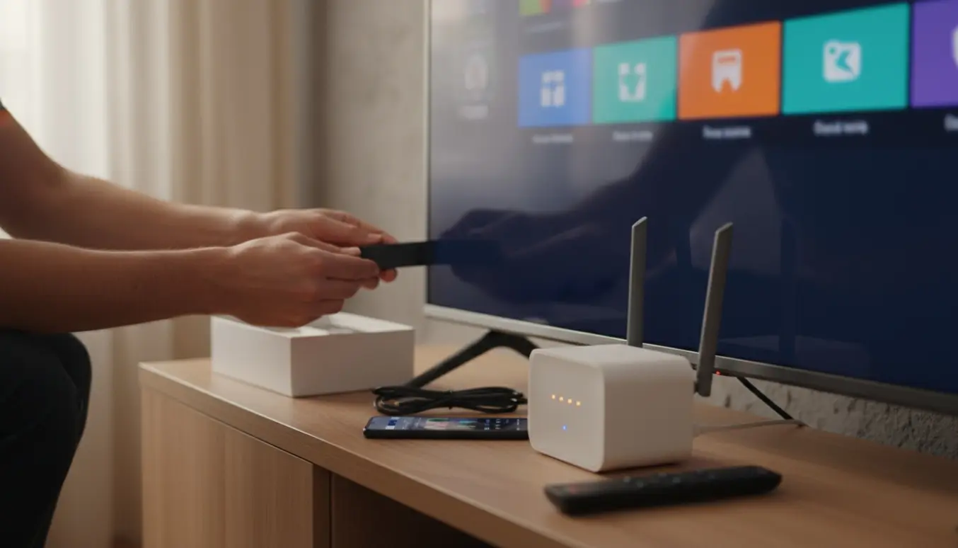 Hænder der tilslutter en HDMI-dongle til et tv med en smartphone og en router i baggrunden.