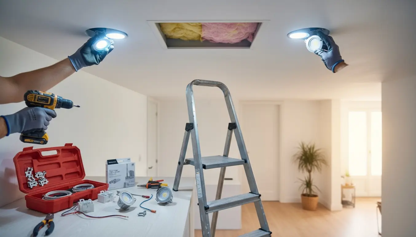 Installering af to indbyggede spots i et gang med åben loftlem og værktøj på gulvet.