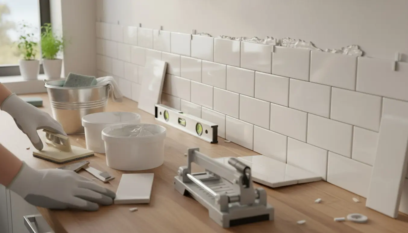 Hvide metrofliser monteres som køkkenbagvæg med værktøj og fugemasse på bordpladen.