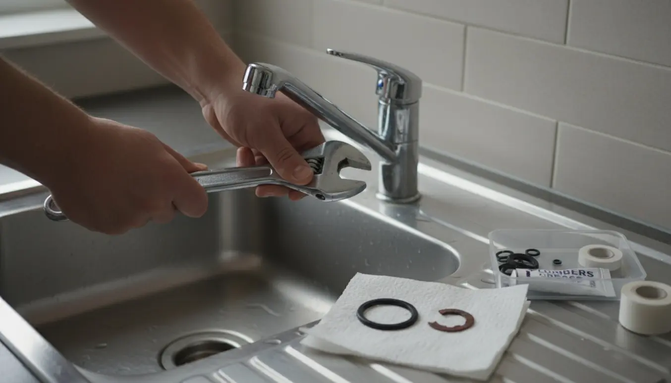 Nærbillede af hænder, der skifter pakning i et dryppende blandingsbatteri ved en vask.