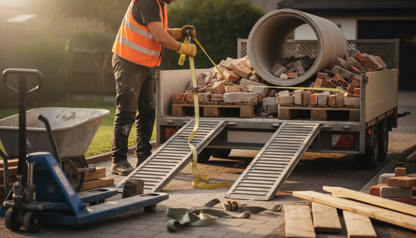 Trailer med murerbrokker og betonrør klar til afhentning, en arbejder med handsker sikrer læsset.