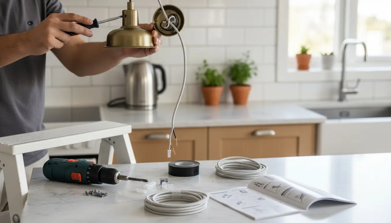 Hænder monterer en pendel over en køkkenø med værktøj på bordet.