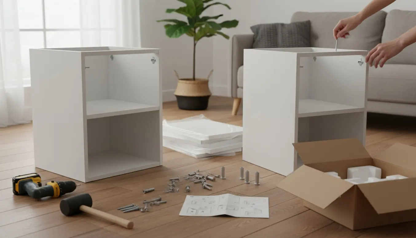 To fladpakkede skabe under samling på trægulv med værktøj, skruer og manual i naturligt dagslys.