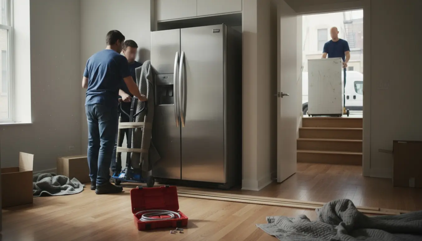 Nyt køleskab sættes på plads i køkkenet af flyttere, mens det gamle køleskab rulles ud mod en varevogn.