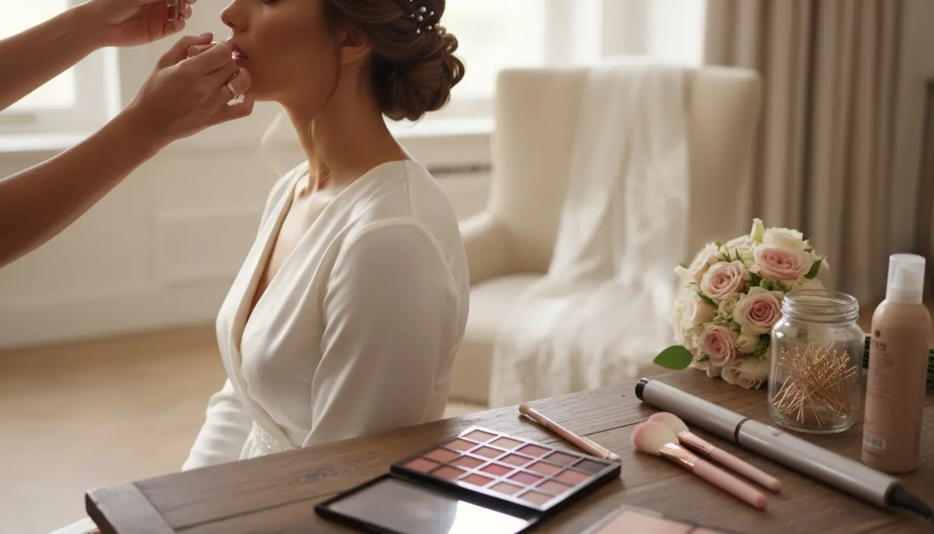 Brud får blid makeup og elegant opsætning i en lys bridal suite, med makeupartistens hænder og stylingværktøj i fokus.