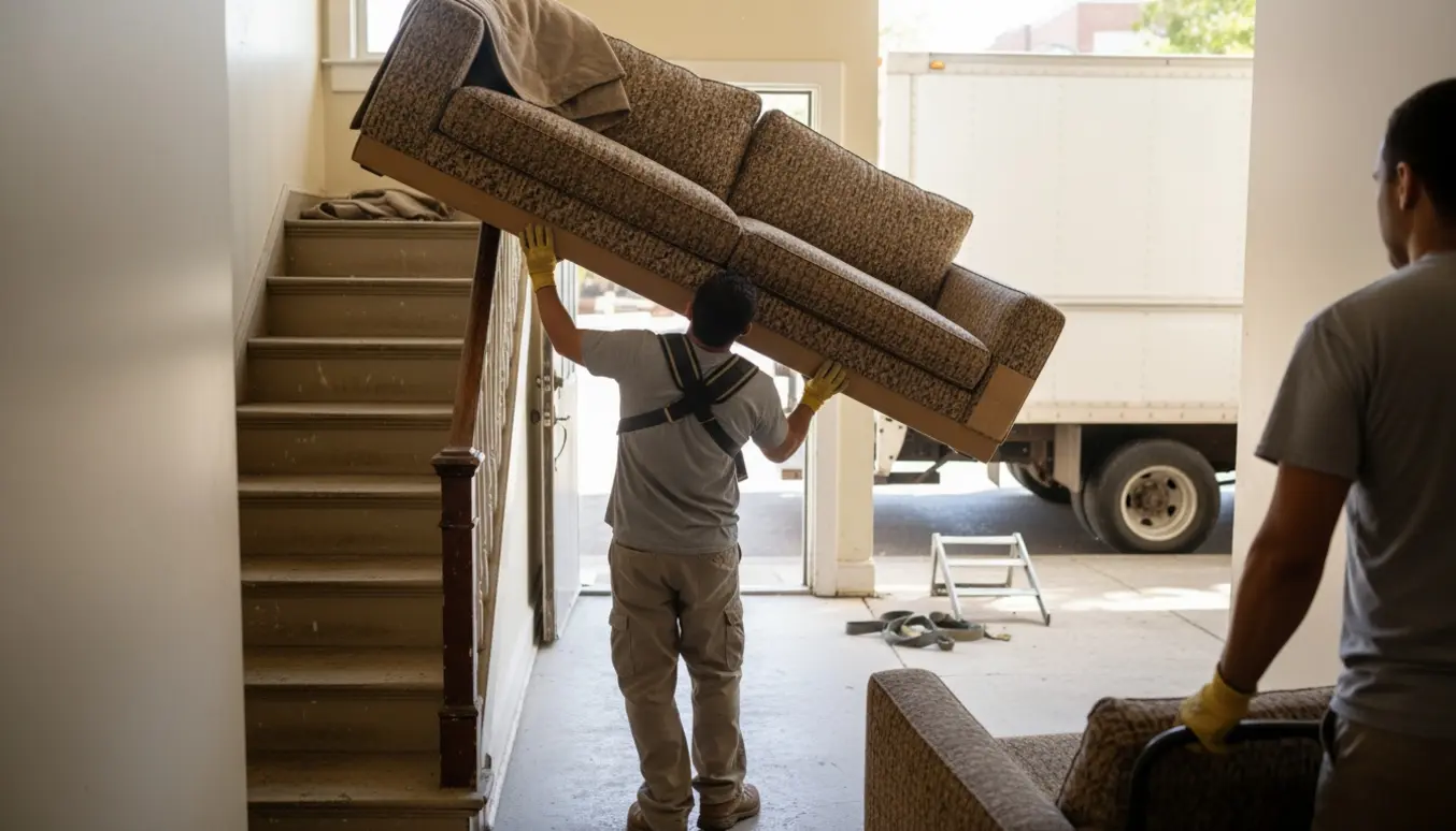 To flyttemænd bærer en todelt sofa ned ad trapperne og ud til kantstenen.