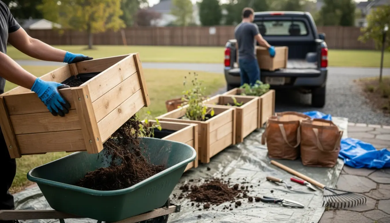Fire selvvandende plantekasser tømmes for jord og læsses til bortkørsel med trillebør og pickup.