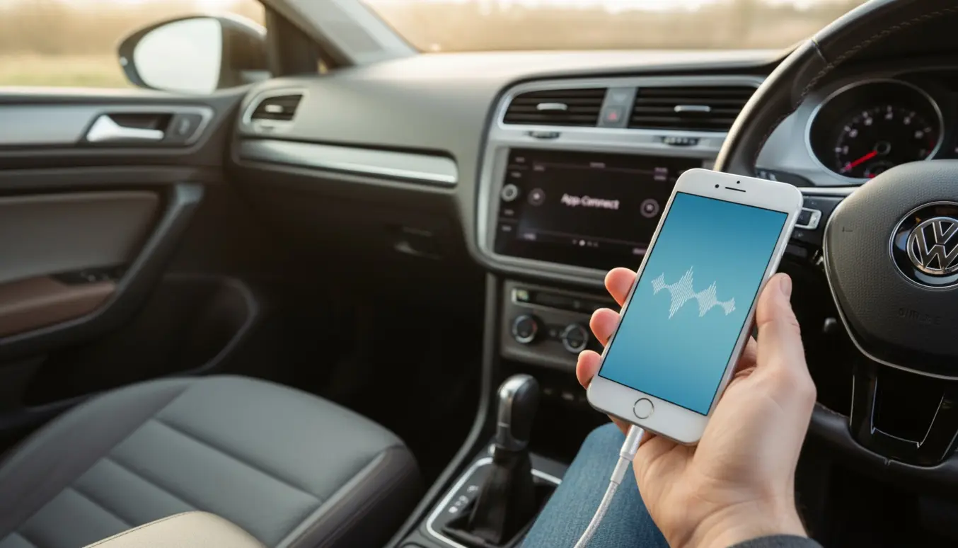En hånd holder en iPhone 7 i en bil, med Siri-bølge på skærmen og kabel til bilens infotainment.