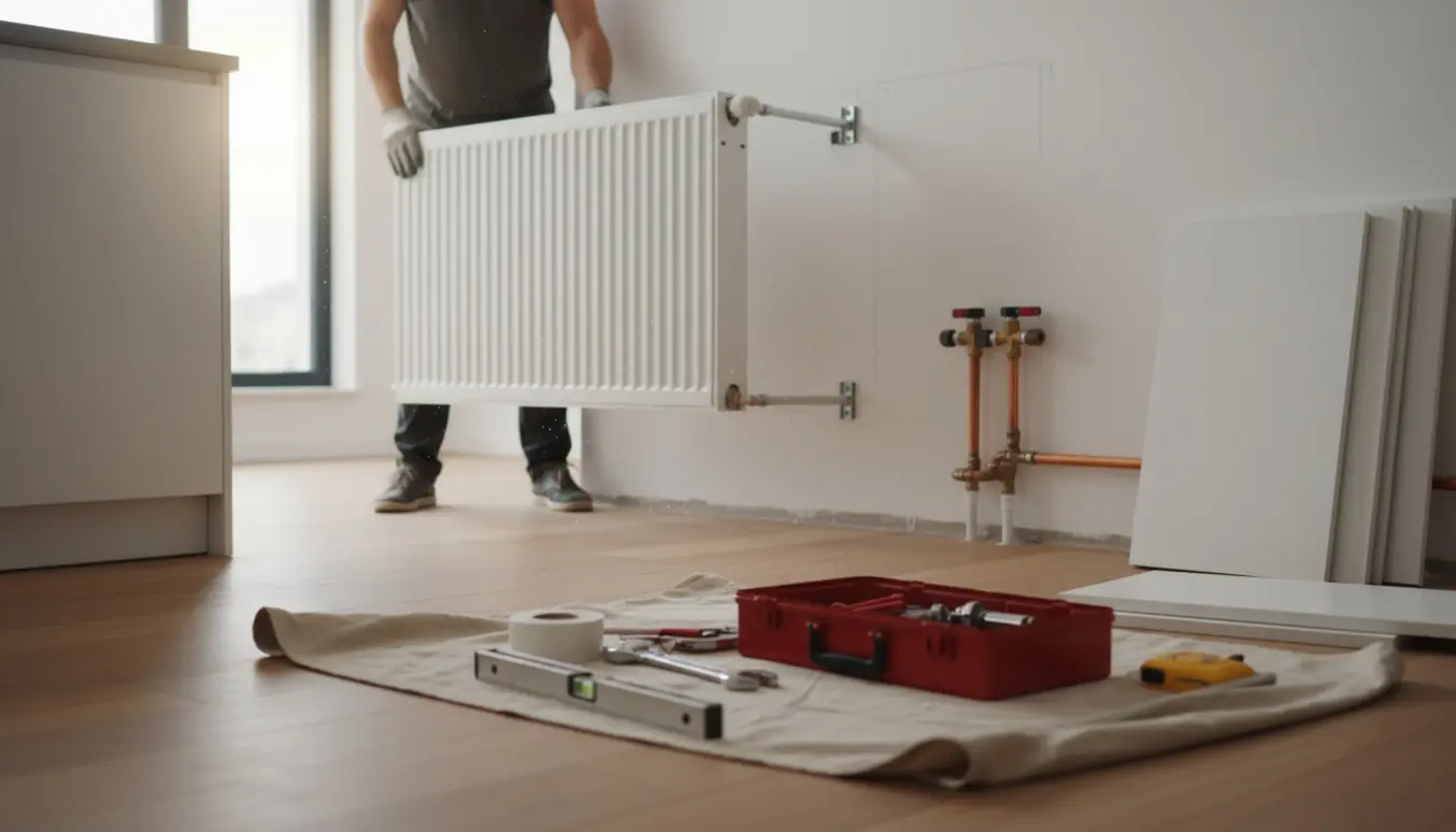 En radiator flyttes i et køkkenområde af en håndværker med handsker og værktøj.