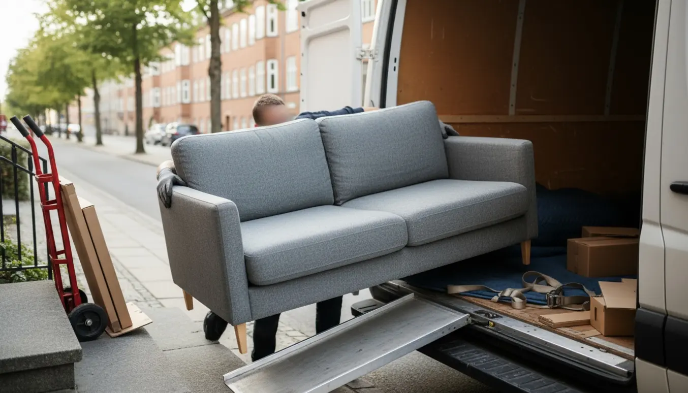 To personer læsser en 2-personers sofa ind i en varevogn på en stille boliggade, ansigter skjult.