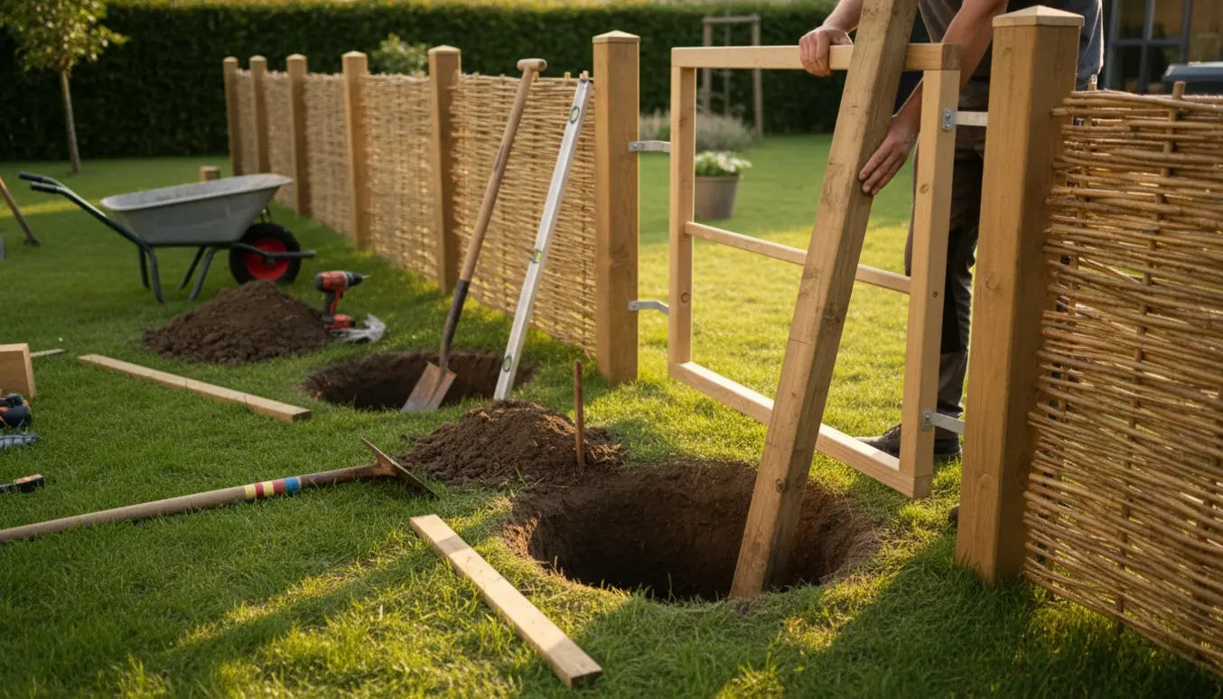 Nyopsætning af flethegn i baghave med stolper, hegnssektioner og værktøj.