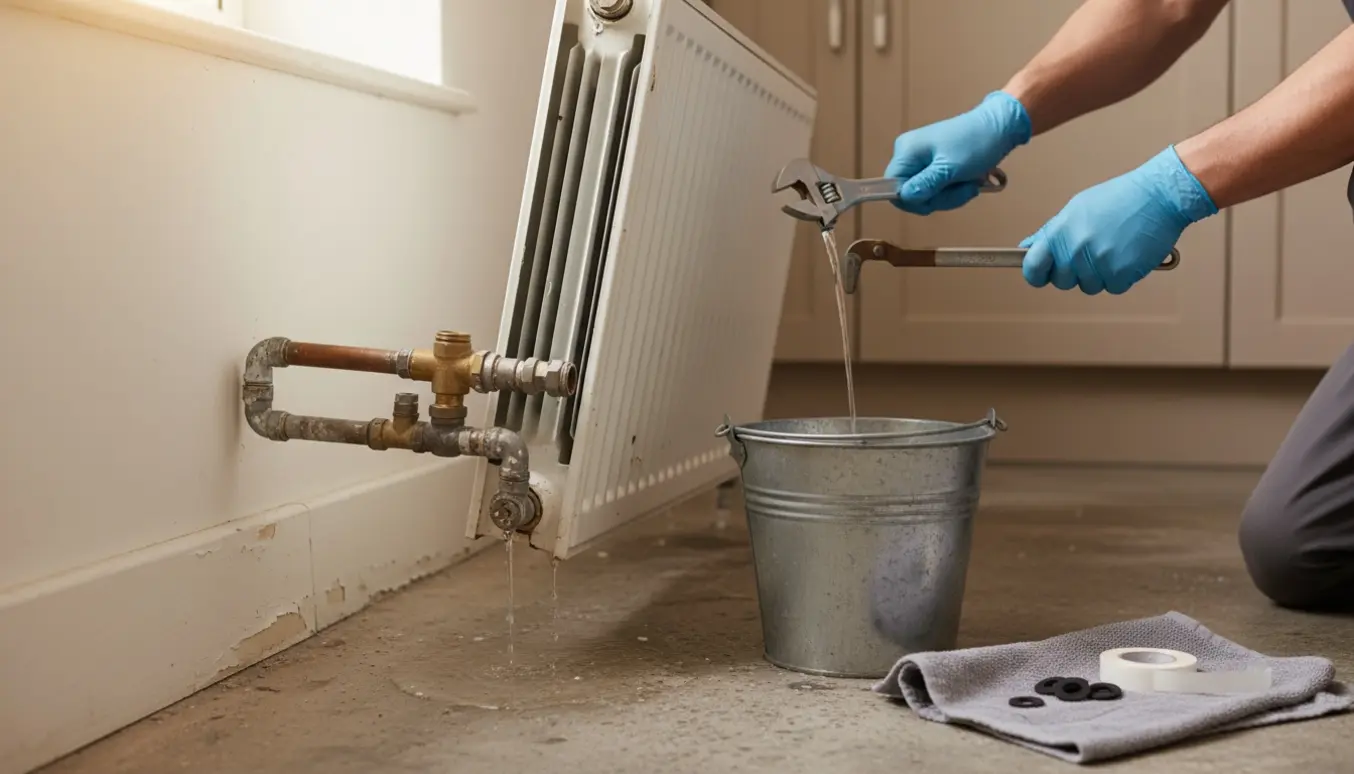 Køkkenradiator delvist afmonteret med værktøj og spand på et betongulv.