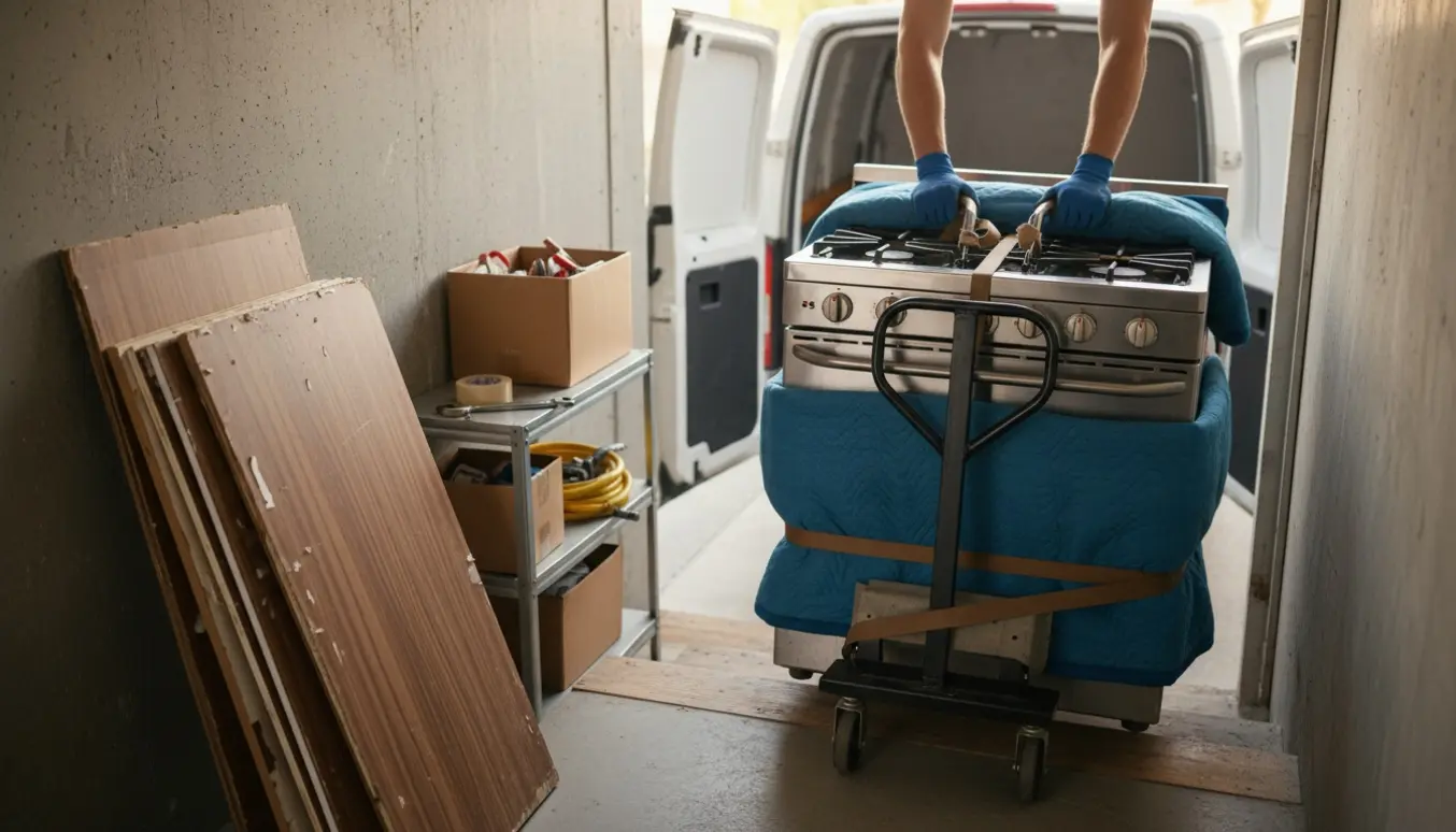 En person læsser et afmonteret gaskomfur og gamle bordplader op i en varevogn til genbrug.